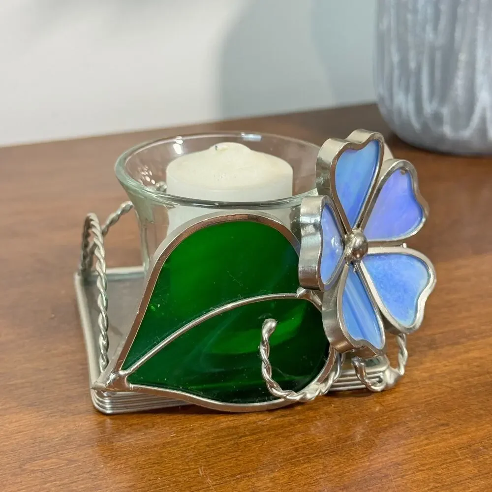 Stained Glass Tealight Votive Handle Holder Blue Green